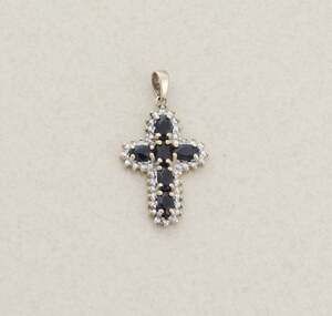 18k Pendant Only Gold Over Sterling Silver Natural Sapphire Cross Pendant 1 1/4"